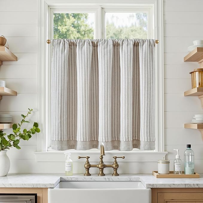jinchan Double Layer Striped Linen Kitchen Tier Curtain Rustic Cafe - Image 2