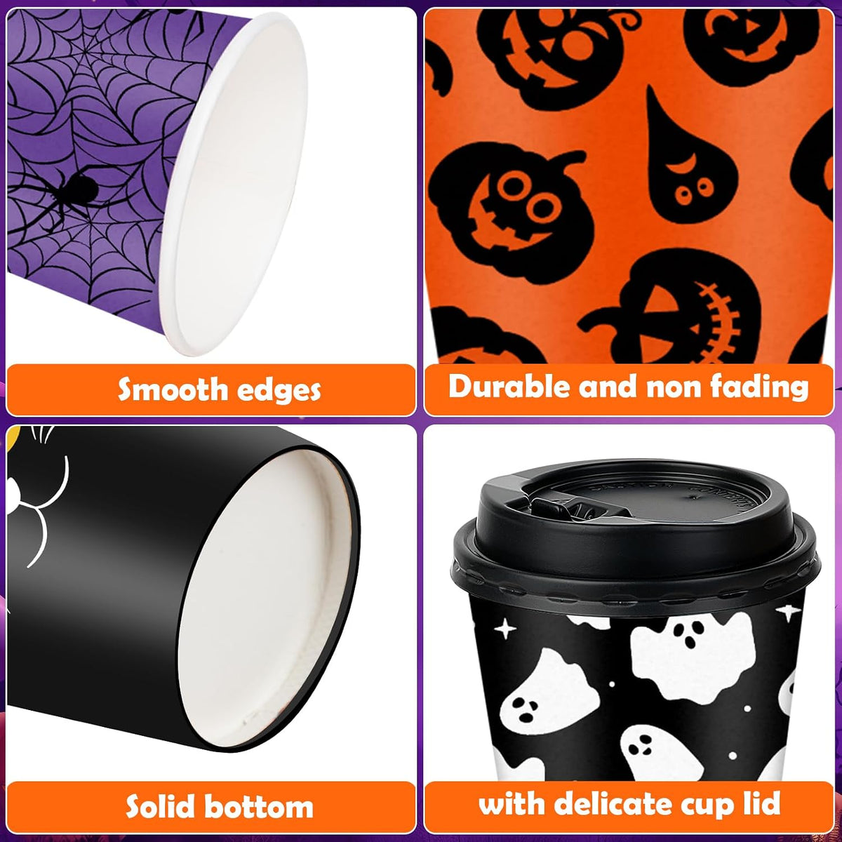 100 Set Halloween Disposable Coffee Cups with Lids 12oz, Bulk Black Orange Pumpkin Ghost Bat Disposable Party Paper Cups for Hot Chocolate Cold Drinks Halloween Birthday Party Supplies Decorations