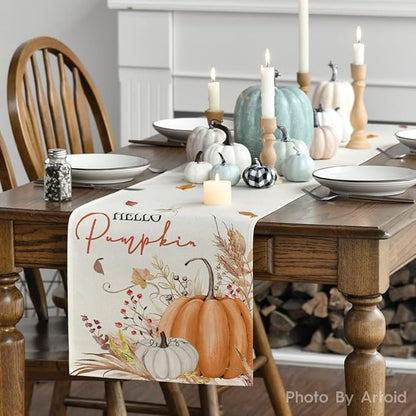 Artoid Mode Hello Pumpkin Flowers Leaves Thanksgiving Table Runner, Seasonal - Image 3