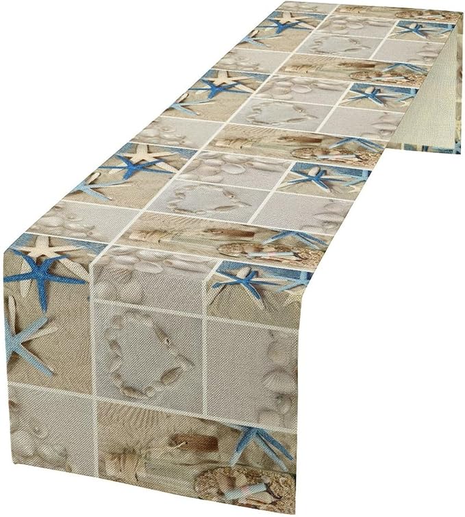 Nautical Coastal Table Runner, Beach Starfish Seashells Patchwork Table Runner by Unknown