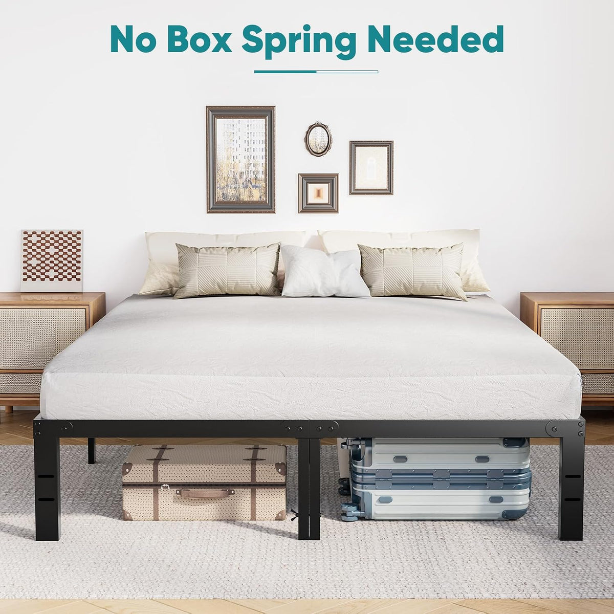 olixis 14in metal queen bed frame with storage showing dimensions