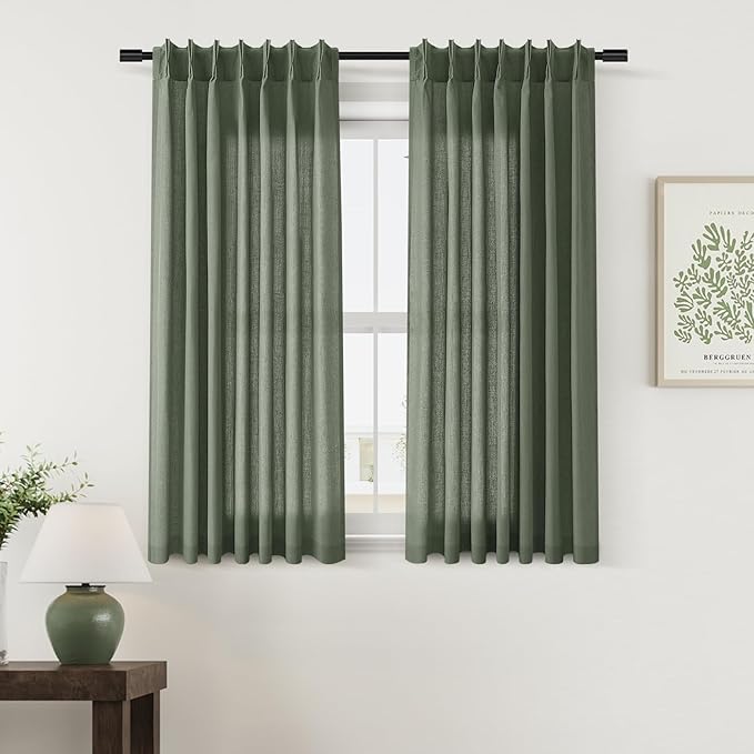 Olive Green Pinch Pleat Linen Curtains 45 Inch Long - Image 8