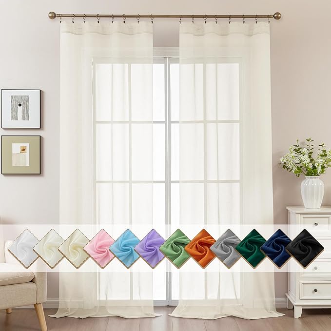 Natural Sheer Curtains 96 Inches Long, Privacy Semi Sheer Curtains by ABLUEN