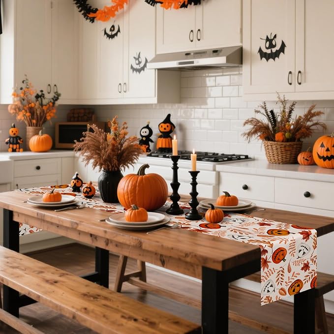 Happy Halloween Table Runner Fall Autumn Golden Maple Leaves Pumpkin - Image 2