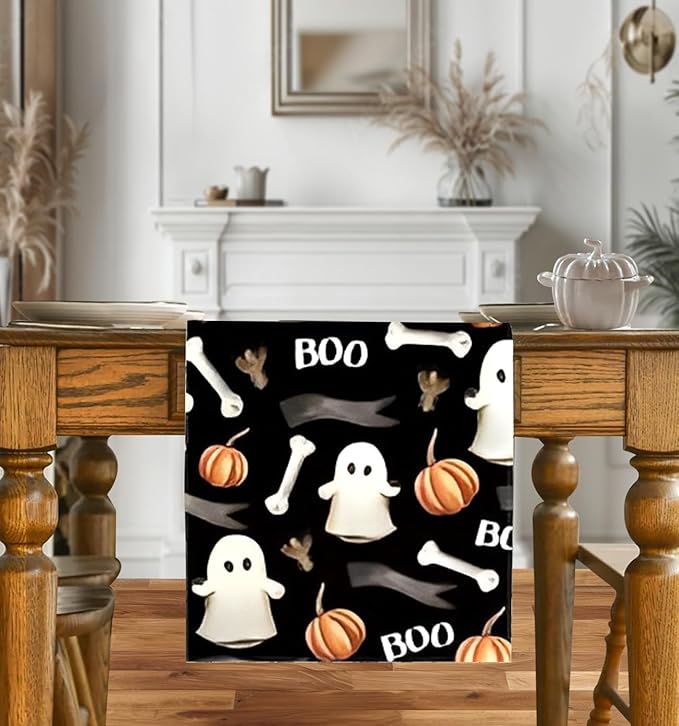 LTLYH Halloween Table Runner 13 x 72 Inch, Cute Ghost Pumpkin Bones Boo Pattern - Image 2