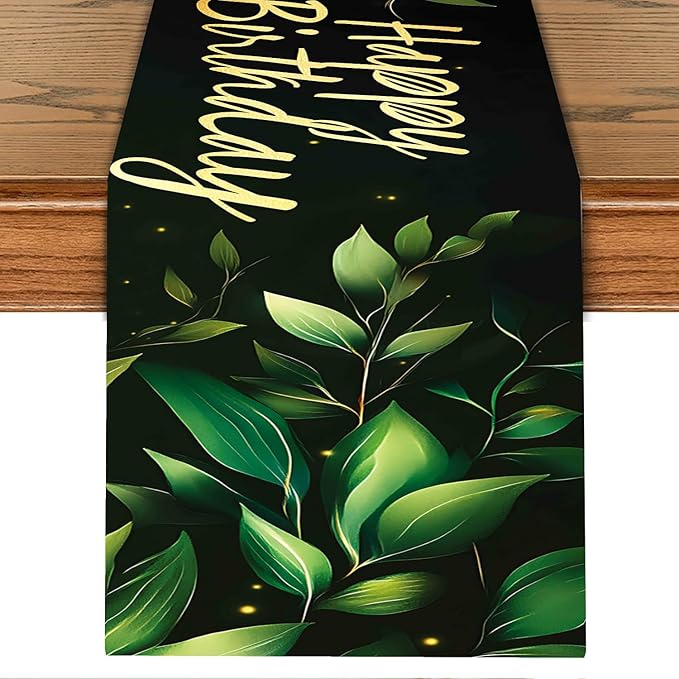 Happy Birthday Table Runner – Green Leaf and Gold Lettering Party Table Decor – by THISFIND