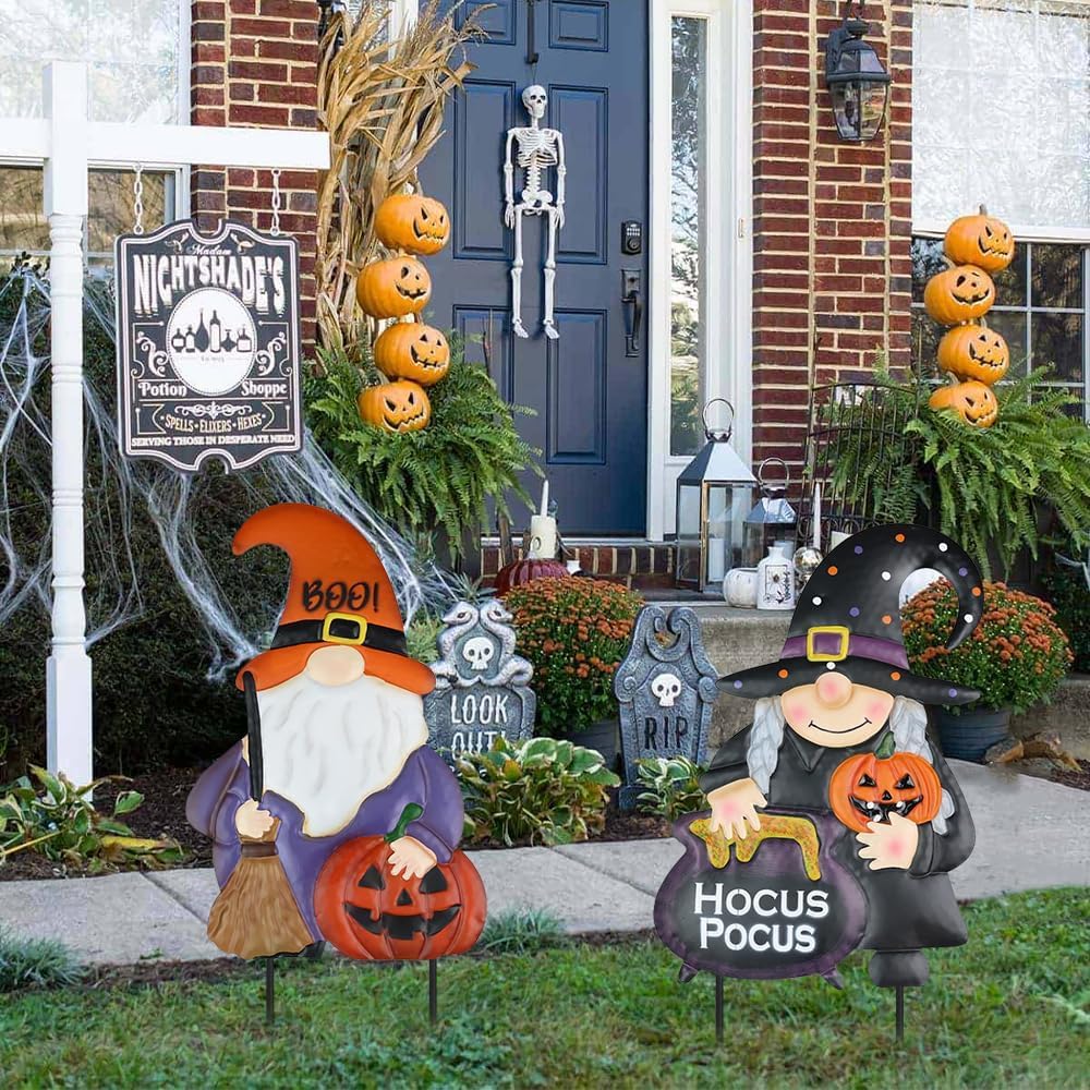 hogardeck Halloween Decorations Outdoor, Metal Gnomes Decorative Garden Stakes with Pumpkins Halloween Decorations Outside, Hocus Poucs Yard Signs for Garden Lawn Patio Halloween Decor