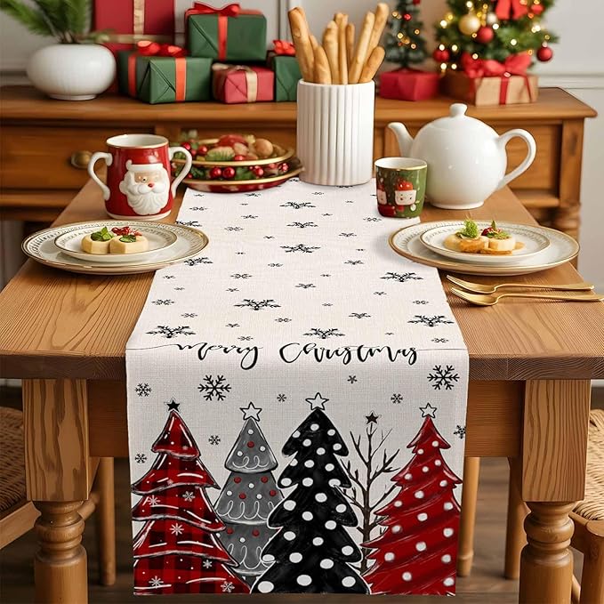Christmas Tree Table Runner, 13x108 Inch, Merry Christmas Linen Table Runners - Image 4
