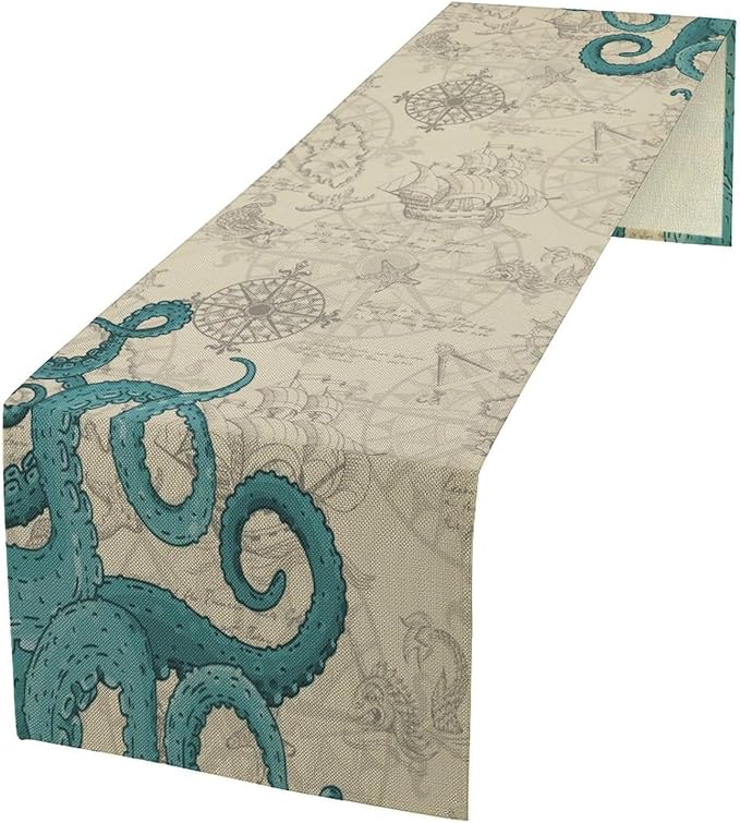 Blue Nautical Octopus Table Runner Vintage Coastal Ocean Anchor Beach Map by moderw