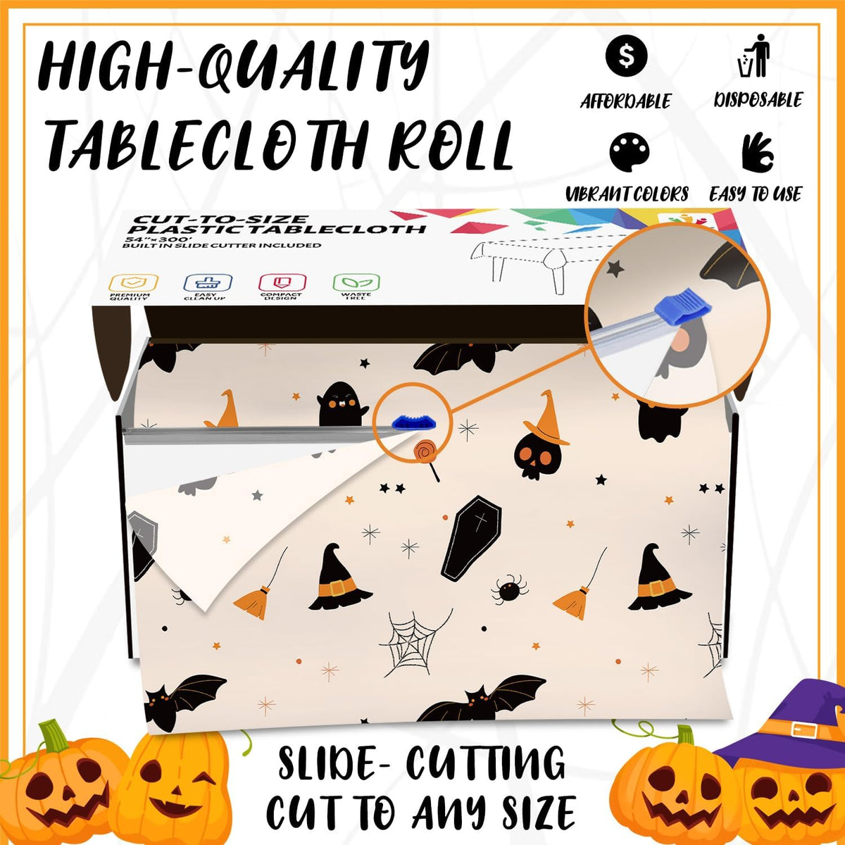CXPSINC 54 Inch X 300 Feet Plastic Table Cover Roll Disposable Halloween Tablecloth with Slide Cutter Ghost Bat Plastic Table Covers for Halloween Party Decorations(Halloween Beige, 300 Feet)