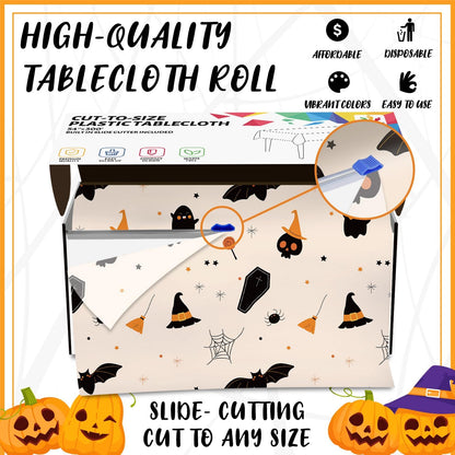 CXPSINC 54 Inch X 300 Feet Plastic Table Cover Roll Disposable Halloween Tablecloth with Slide Cutter Ghost Bat Plastic Table Covers for Halloween Party Decorations(Halloween Beige, 300 Feet)