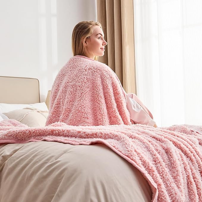 EMME Soft Sherpa Fleece Blanket Reversible Plush Fluffy Large Blanket, Light - Image 4
