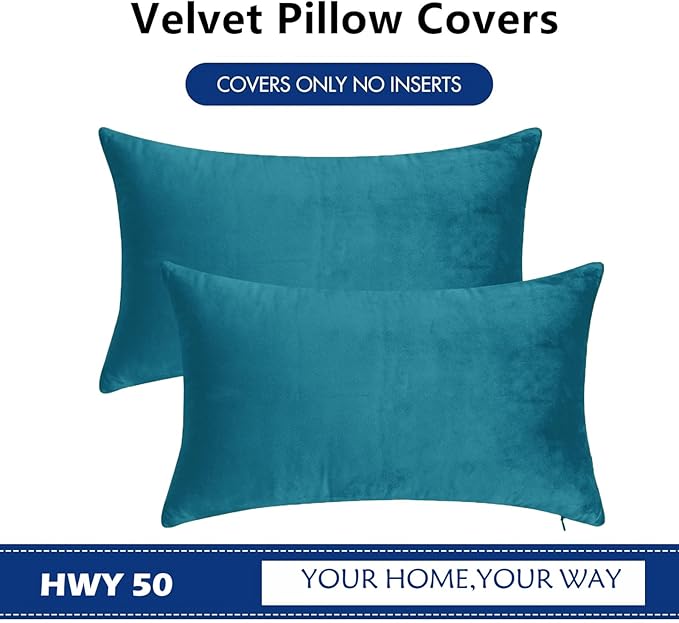 HWY 50 Ocean Blue Velvet Rectangular Throw Pillow Covers 12x20 Inch - Image 6