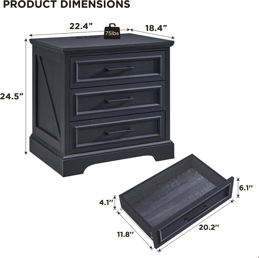 ACCOHOHO 22" Farmhouse Nightstand with Charging Station, Black