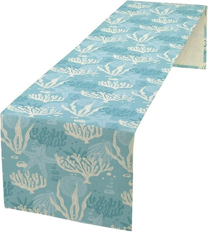 Ocean Seaweed Coral Table Runner Beach Blue Nautical Starfish Coral Table Runner by ShiTingYu