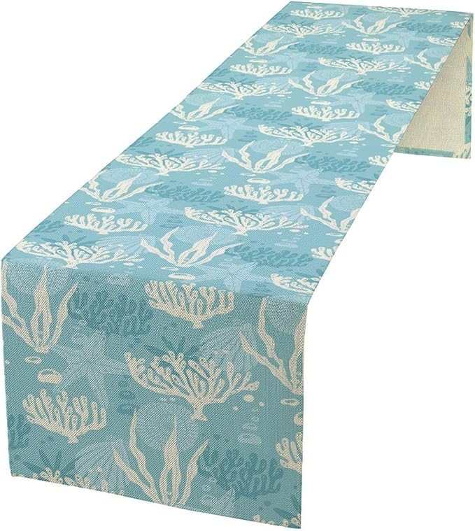 Ocean Seaweed Coral Table Runner Beach Blue Nautical Starfish Coral Table Runner by ShiTingYu