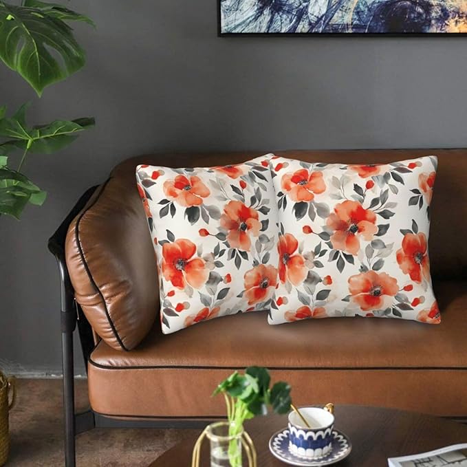 Fall Burnt Orange Floral Throw Pillow Covers 18x18 Inch Set of 2, Modern by Unknown