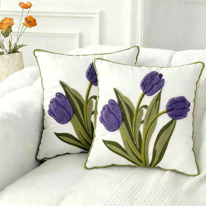 18x18 Embroidered Throw Pillow Covers Set – Purple Tulip Cotton Decorative by EmbroideredLiving