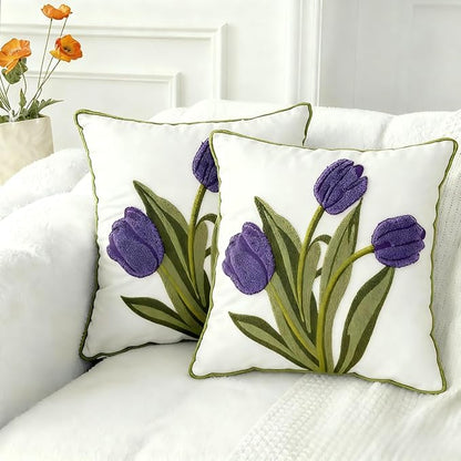 18x18 Embroidered Throw Pillow Covers Set – Purple Tulip Cotton Decorative by EmbroideredLiving