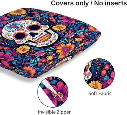 Sugar Skull Pillow Covers 18x18 Set of 2, Day of The Dead Halloween Cushion - Image 6