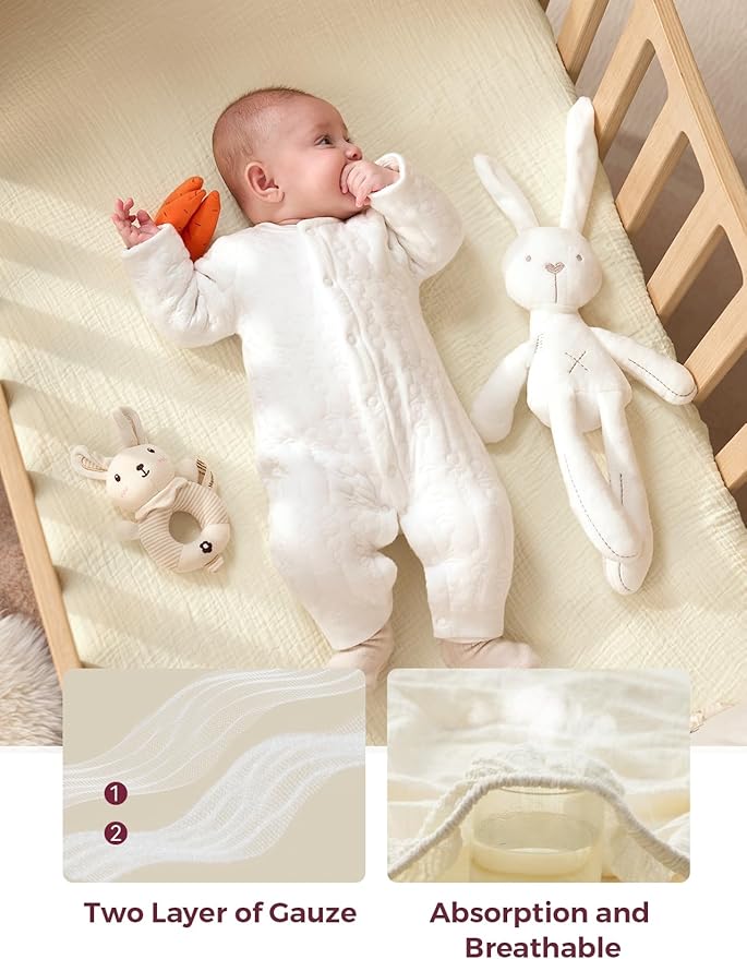 Momcozy Muslin Standard Fitted Crib Sheets, 2 Pack Soft Breathable Natural - Image 5