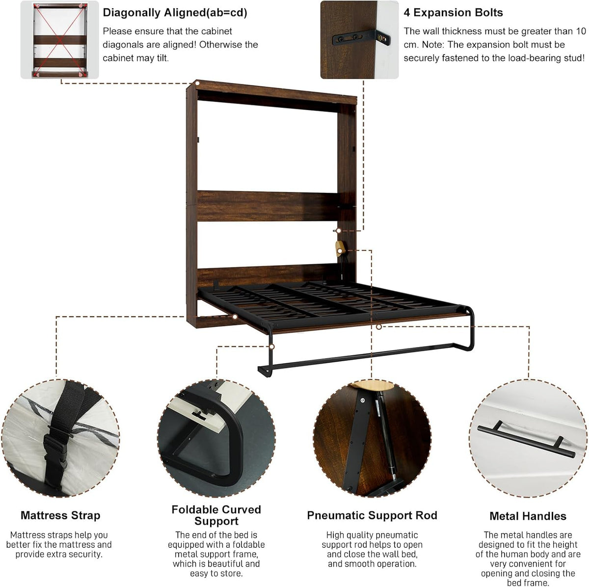 hlivelood queen size murphy bed with 2 led, side view