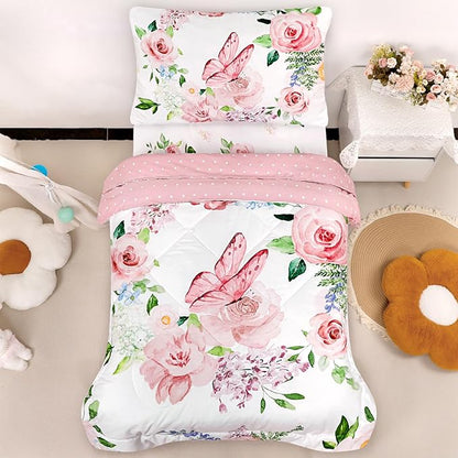4 Piece Toddler Bedding Set for Girls, Butterfly Toddler Comforter Set by CARUILI