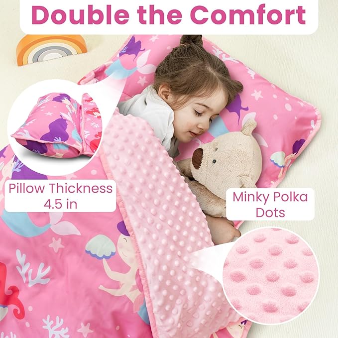 Toddler Nap Mat with Pillow and Minky Blanket, Large 55"x35" Sleeping Bag - Image 4