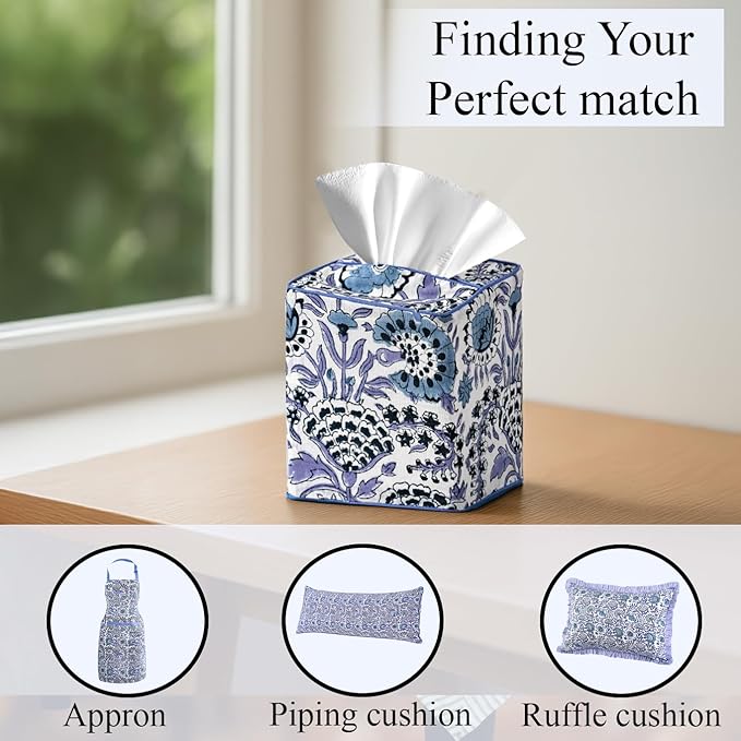 CPC Indigo Blue Hand Block Printed Cotton Tissue Box Cover 5" x 5" x 5.5" - Image 9
