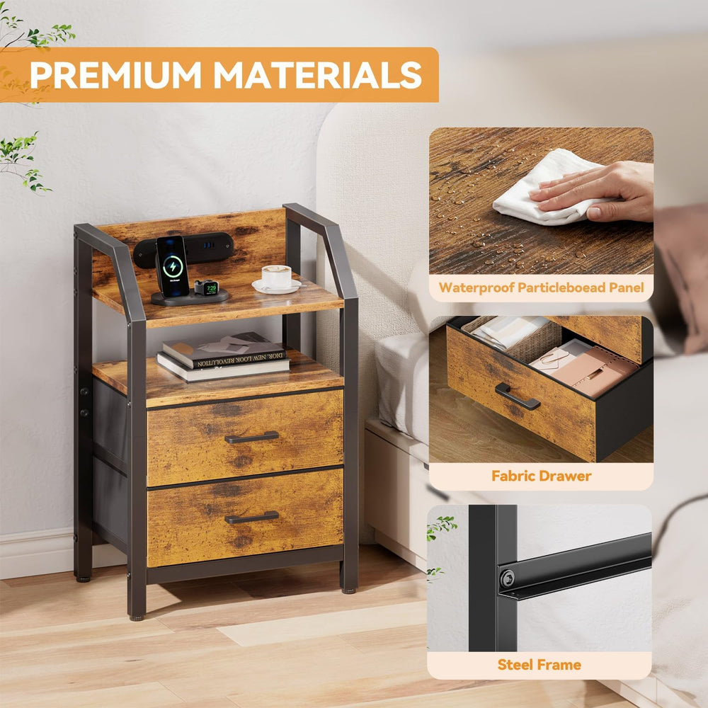 HLDIRECT Nightstand with Built-in Charging Station & Warm LED Light