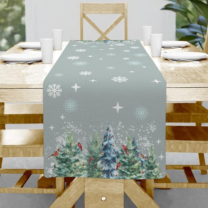 Christmas Table Runner, Christmas Snow Tree Linen Farmhouse Table Runners by Hliyty
