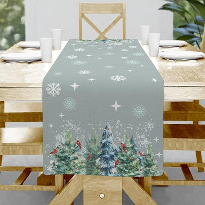 Christmas Table Runner, Christmas Snow Tree Linen Farmhouse Table Runners by Hliyty