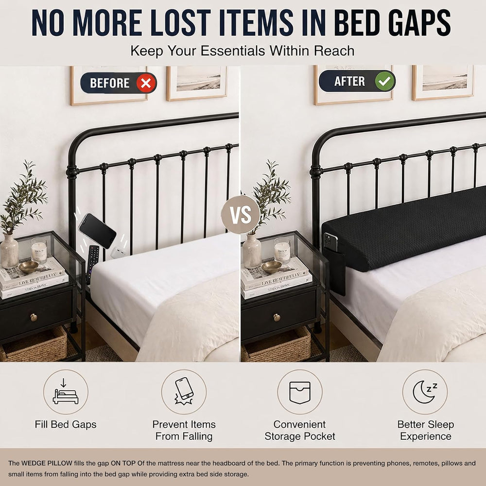 King Bed Wedge Pillow for Headboard & Mattress Gap Filler 10x6x76in Black