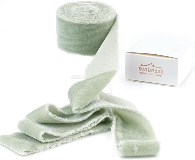 Sage Green Velvet Ribbon 1.5 inch Green Frayed Velvet Ribbon Dusty Green Raw by DINDOSAL