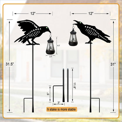 Halloween Decorations Outdoor,2 Pack Metal Crow Solar Lights Garden Stakes