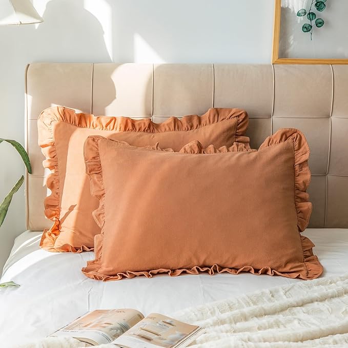 Pillow Shams Set of 2 Washed 100% Cotton Retro Ruffle Flounces Trim Solid Beige - Image 2