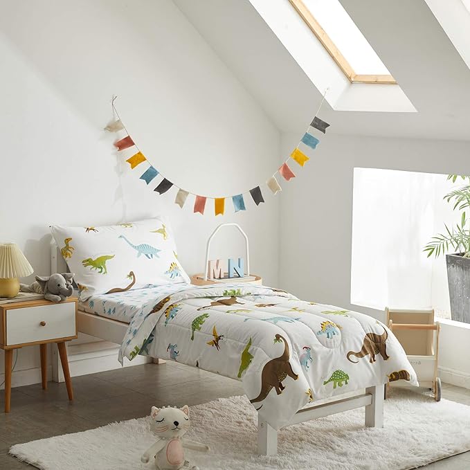 4 Pieces Toddler Bedding Set Dinosaur White - Image 4
