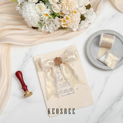 Champagne Gold Silk Chiffon Ribbon, Ivory White Frayed Shimmery Silk Ribbon - Image 3