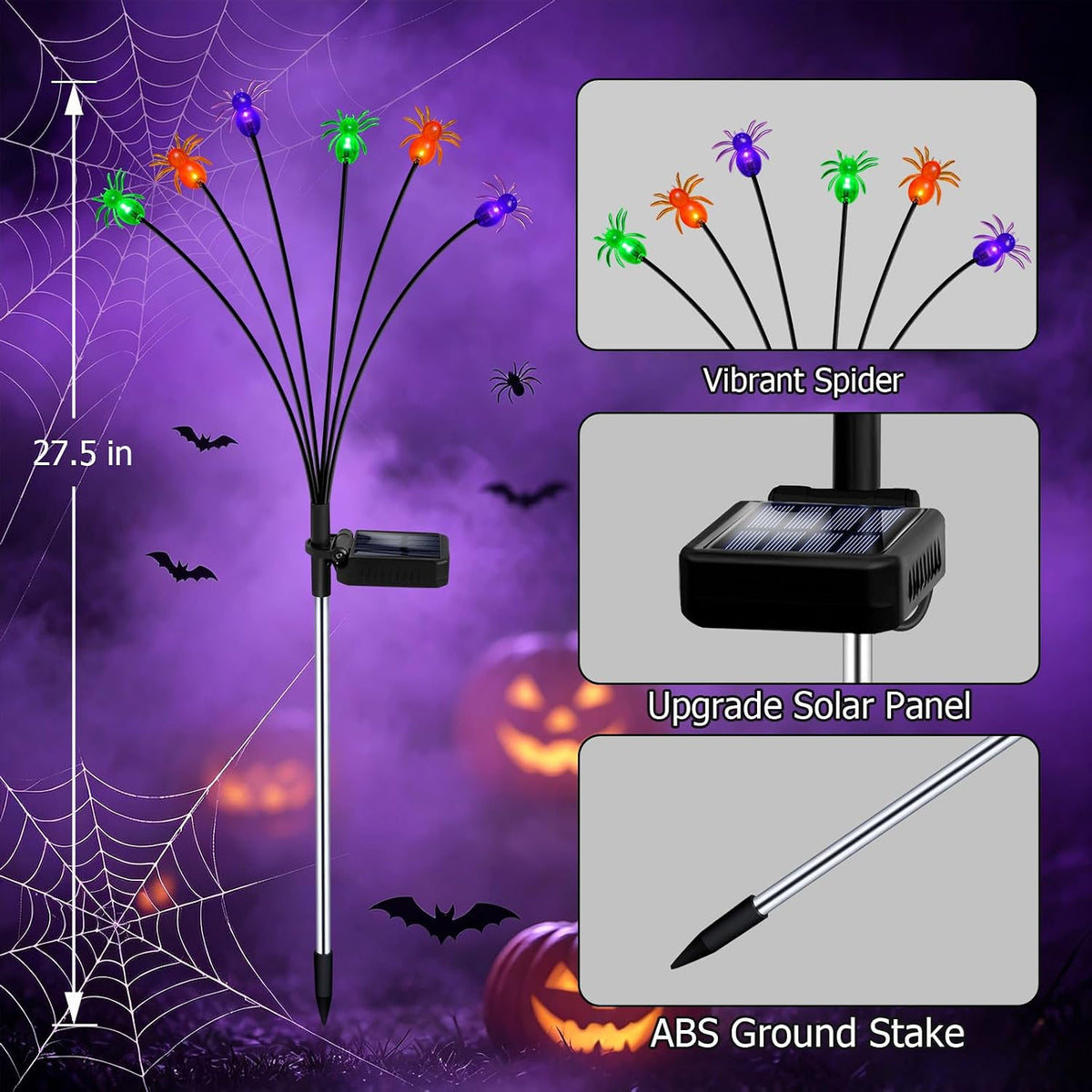 4Pack Spider Solar Halloween Decorations,Solar Firefly Swaying Lights