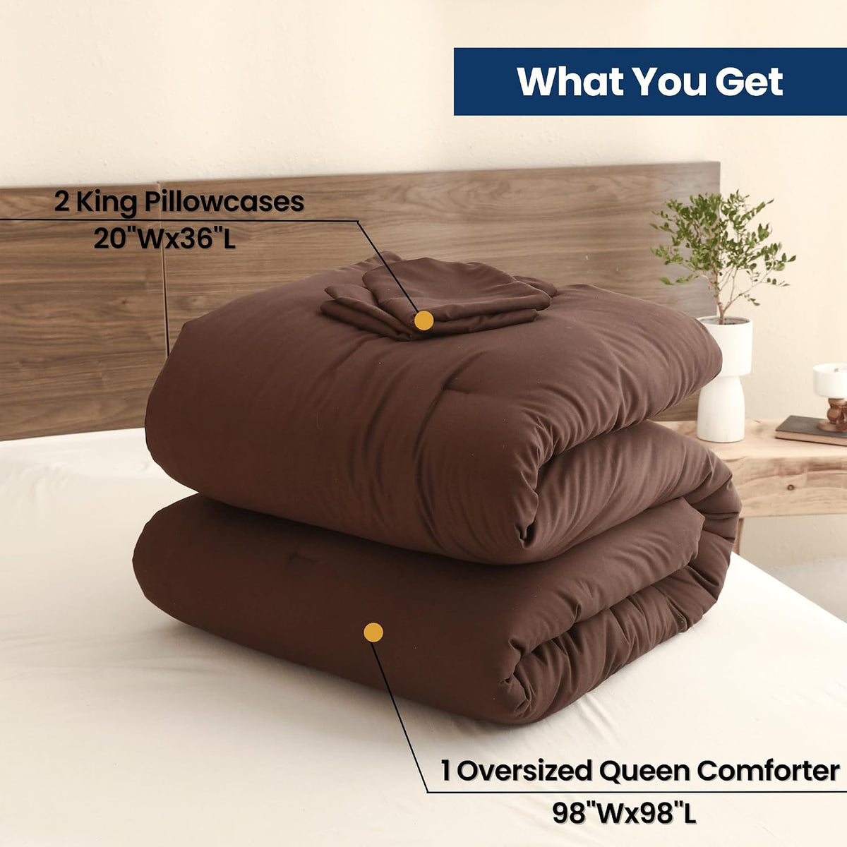 paxrac brown oversized queen comforter set 98x98in, 3 on a desk or shelf
