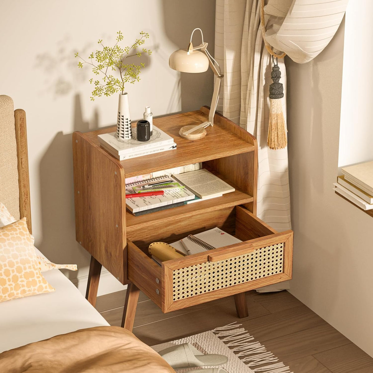 lerliuo rattan nightstand, side table with drawer open, side view