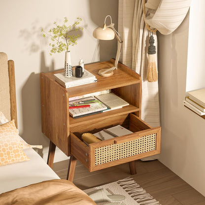 lerliuo rattan nightstand, side table with drawer open, side view