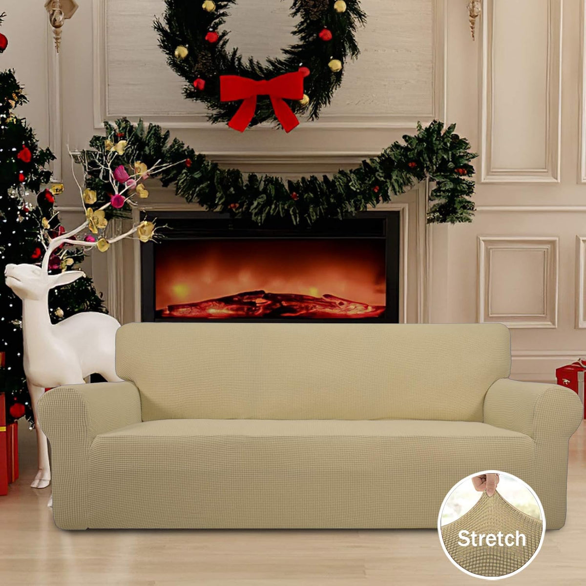 easy-going stretch oversized sofa couch slipcover washable beige shown in use