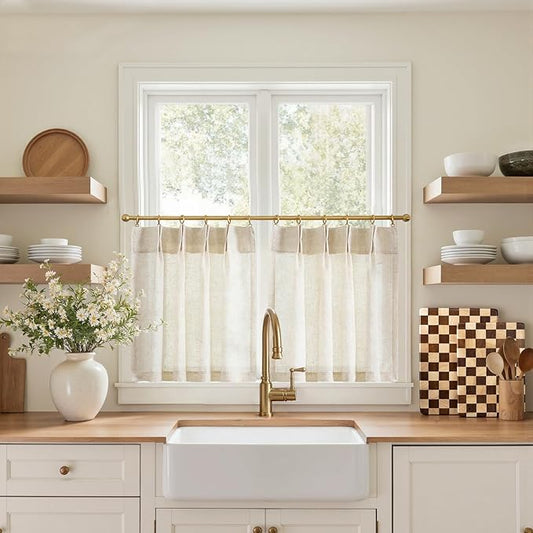 jinchan Linen Pinch Pleated Kitchen Curtains 20 Inch Natural Linen Tier by JINCHAN