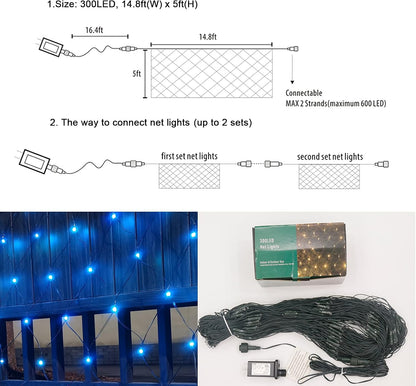 OYCBUZO 300LED Net Lights, 14.8ft x 5ft Christmas Net Lights Outdoor Connectable, Waterproof Mesh Lights 8 Lighting Modes for Halloween Bushes Xmas Tree Holiday Party Garden - Blue