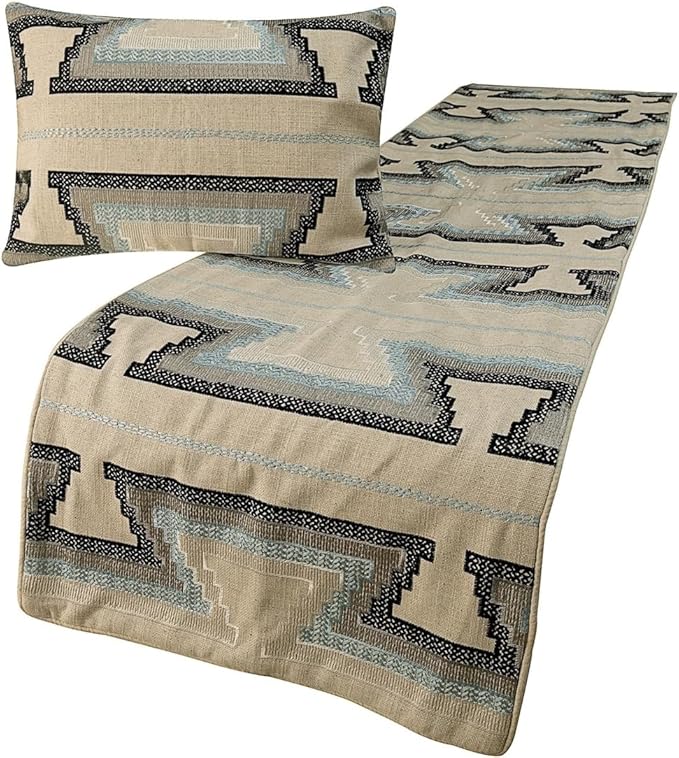 The HomeCentric King Queen Twin Blue & Ivory Handmade King 90"x18" Bed Runner by TheHomeCentric