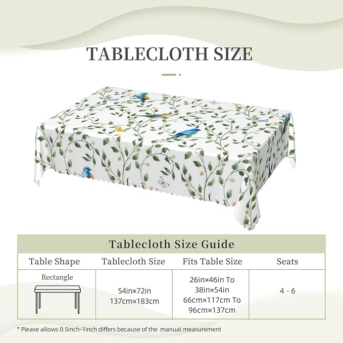 Blue Birds Tablecloth Watercolor Floral Butterfly Sage Green Leaves Branches - Image 3