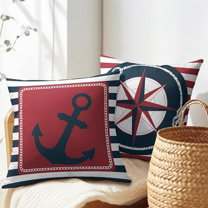 Anchor Compass Throw Pillow Cases Outdoor Nautical Pillow Covers Blue and White - Image 5