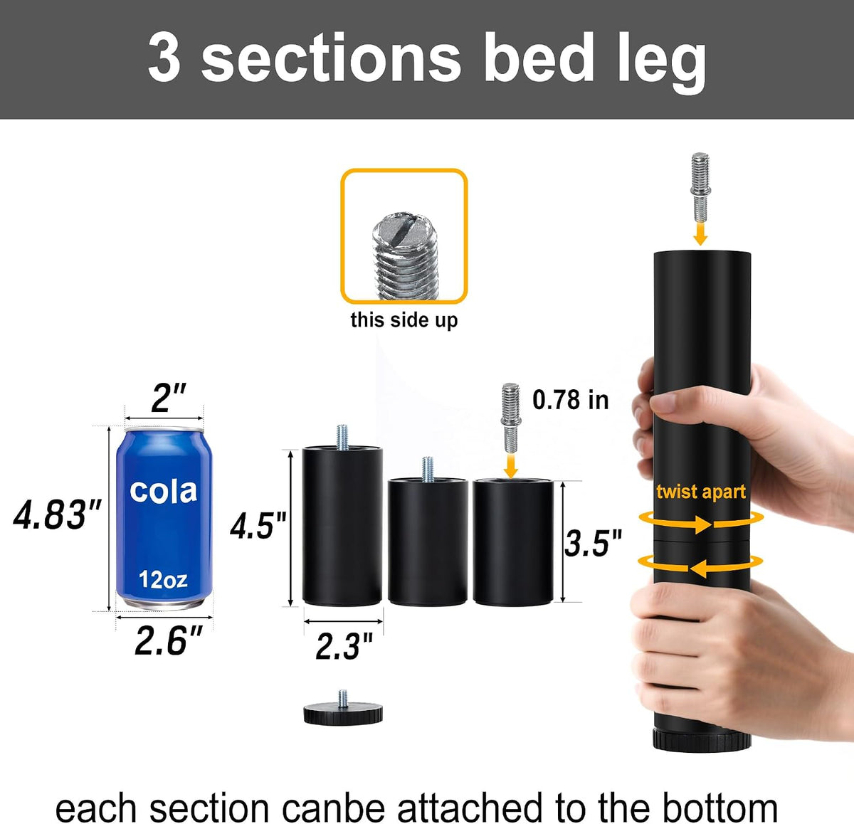 adjustable bed legs replacement for adjustable bed frame, side view