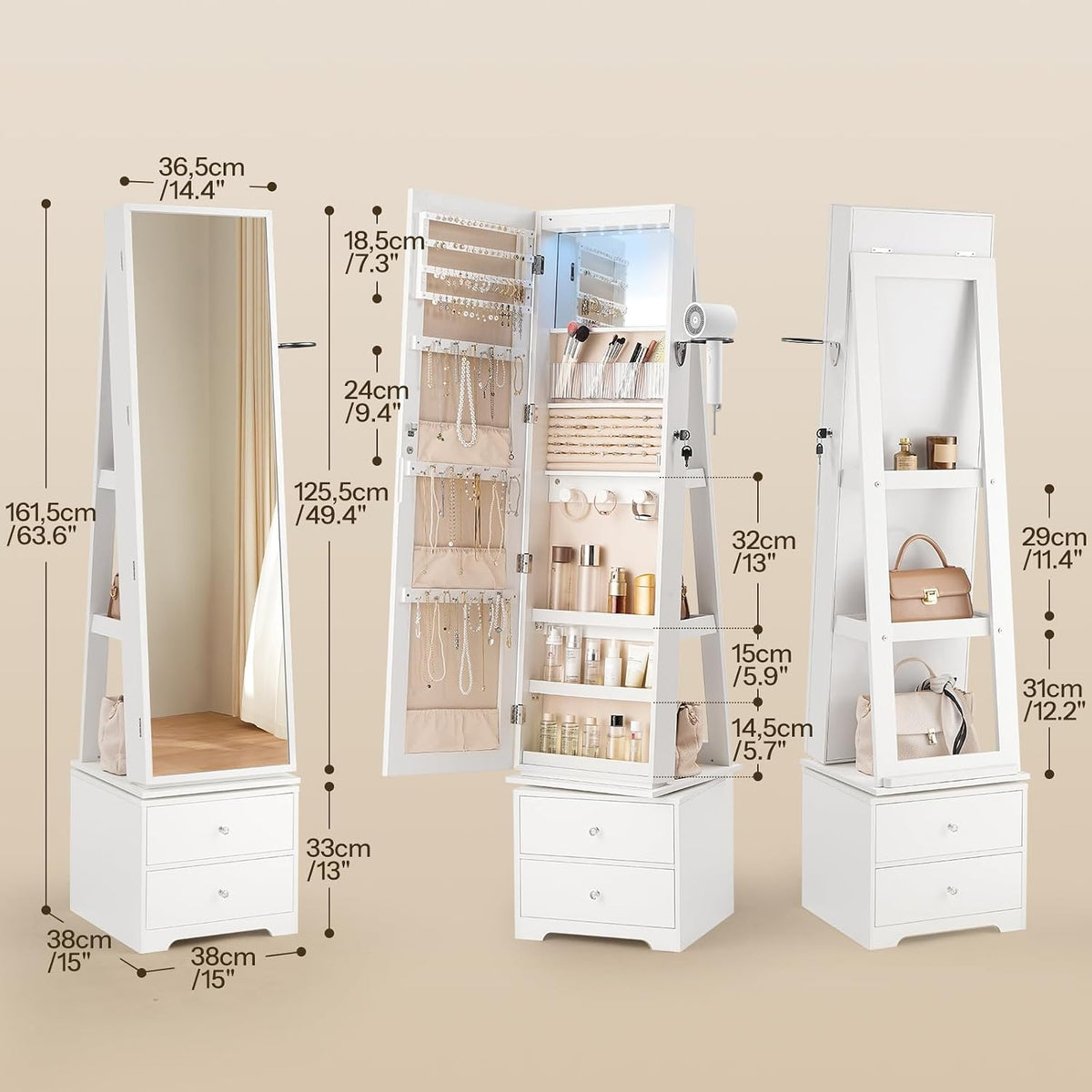 hoobro 360° swivel jewelry cabinet with led lights showing dimensions